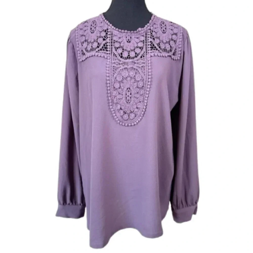 Halogen Womens Size 1X Crochet Pullover  Lavender Long Sleeve Blouse